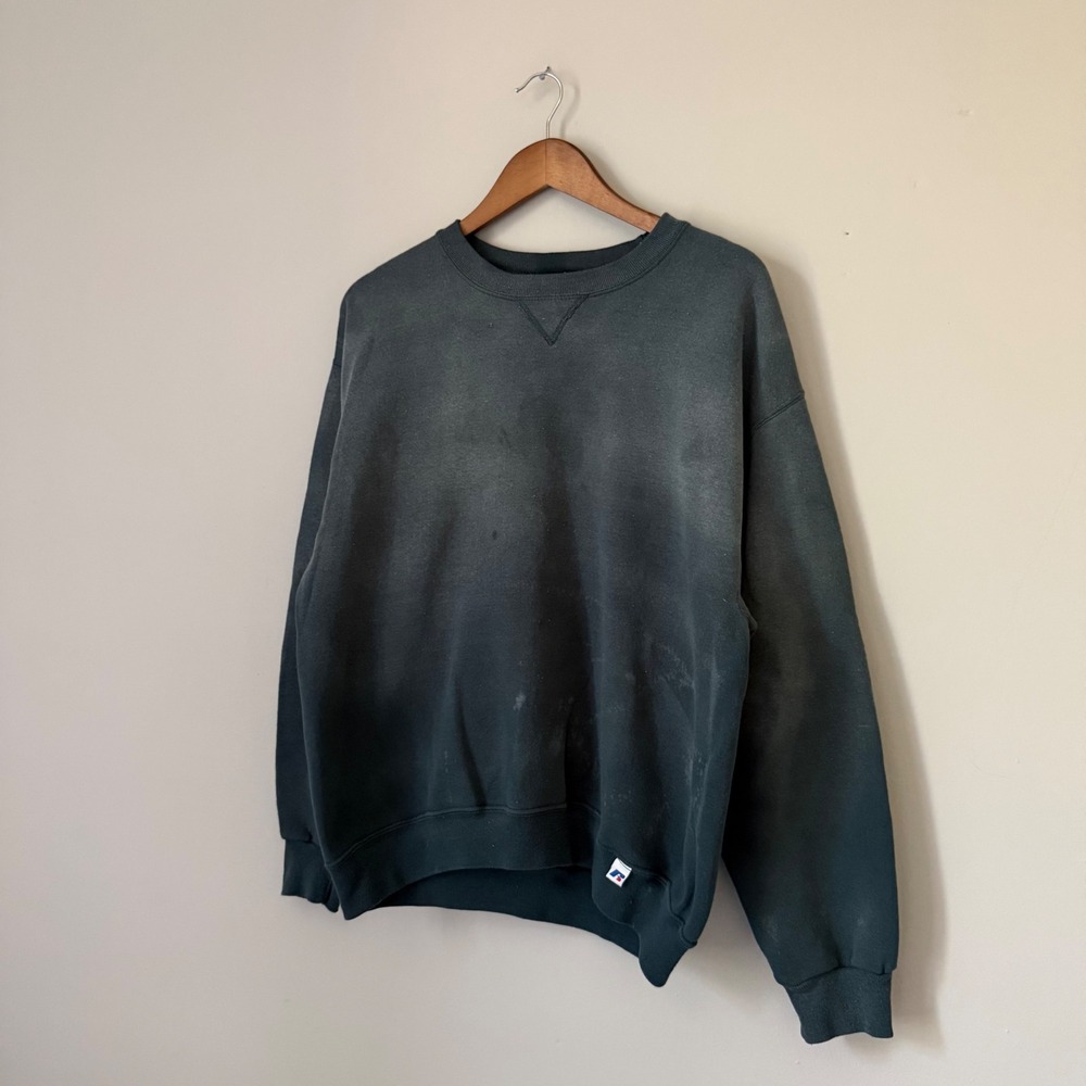 Vintage Russell Athletic Crewneck Sweatshirt Large Dark Green Sun Faded